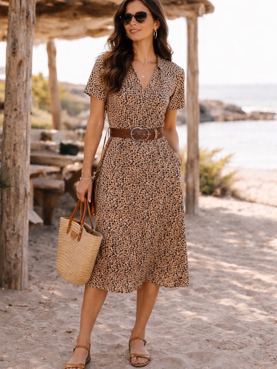 Joe Fresh Dresses & Skirts - Leopard Print Linen Midi Shift Dress Medium Travel Boho Beachy Vacation 90s CBK